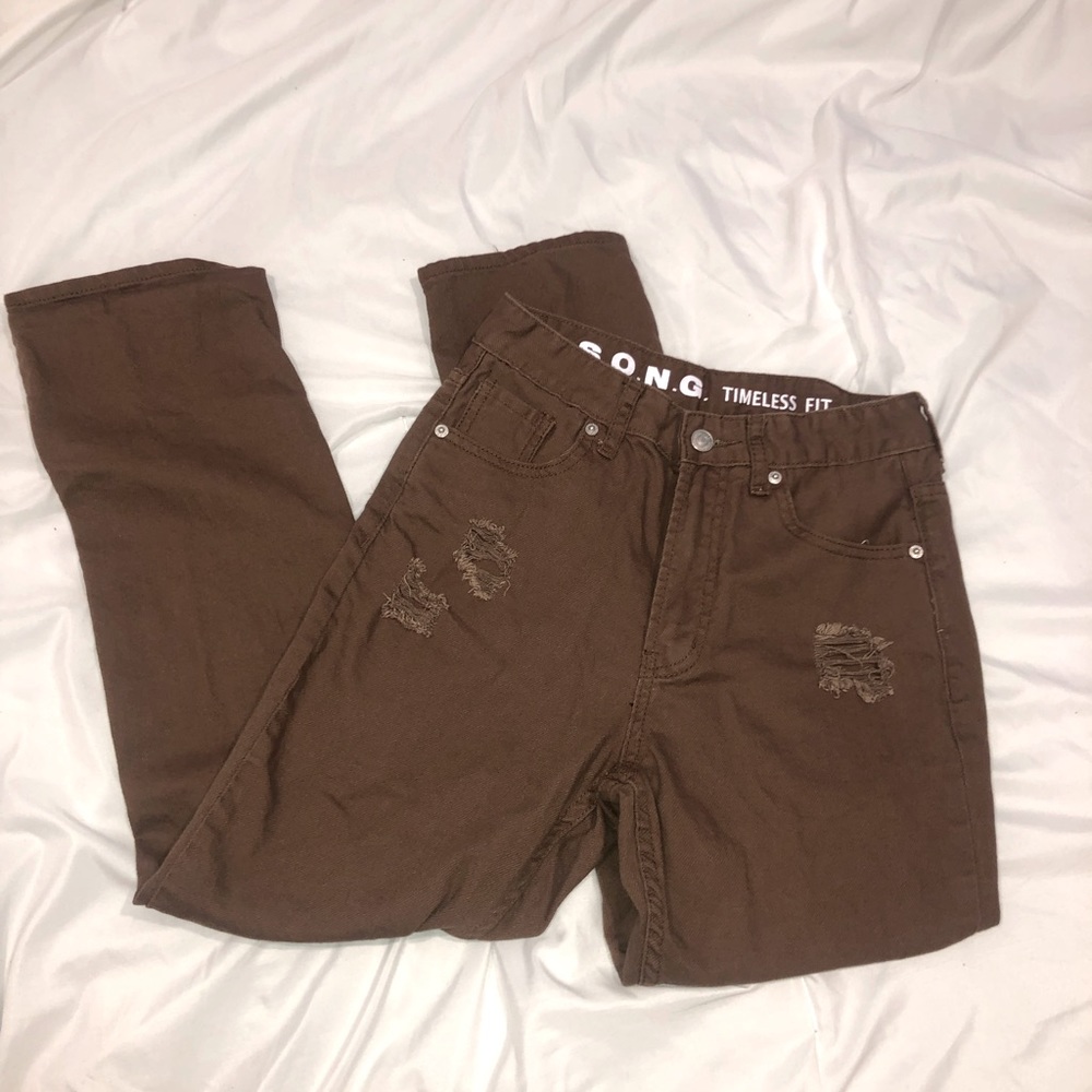 High waisted ripped brown jeans